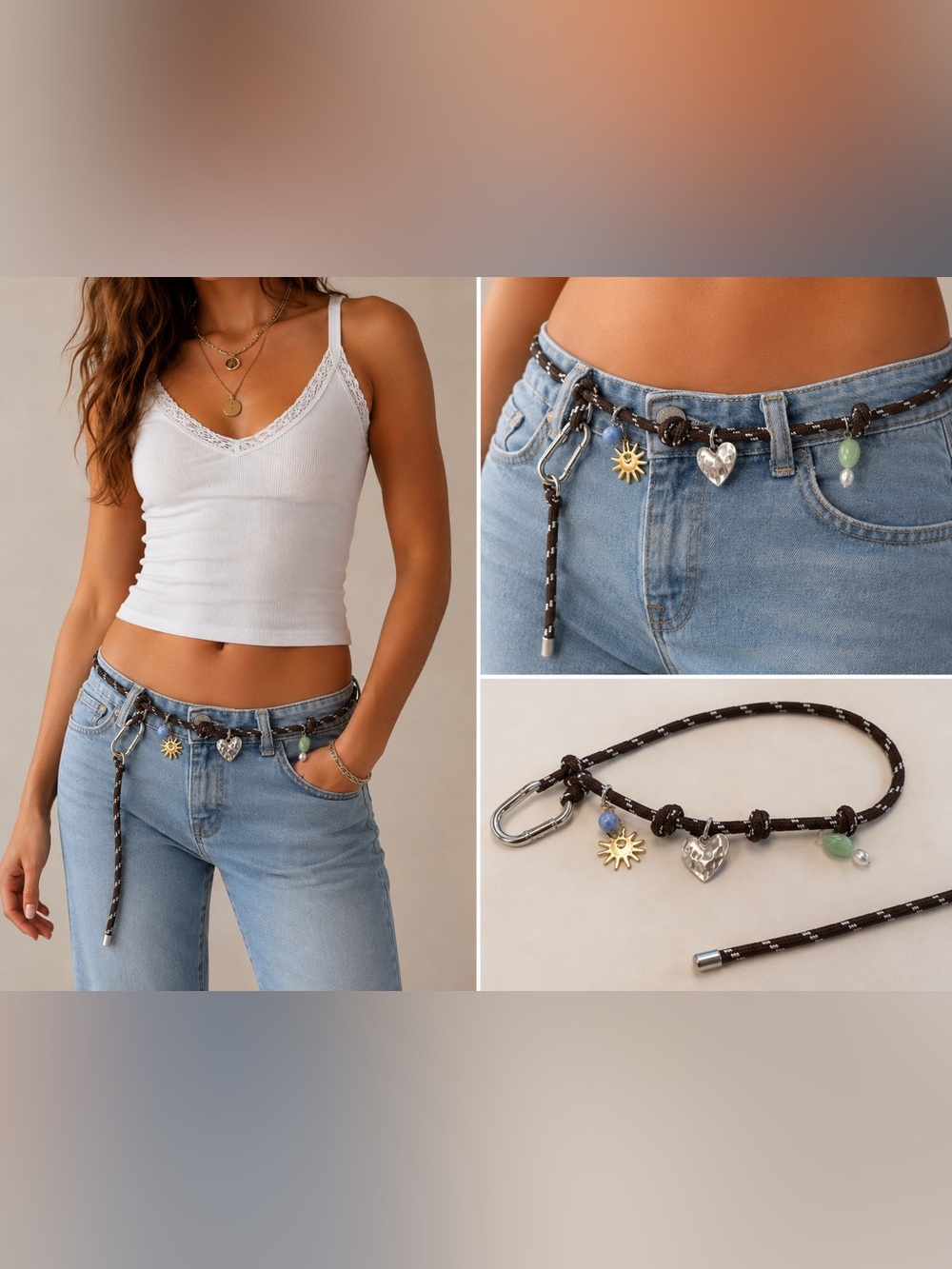 American Eagle Bungee Charm Belt Brown L/XL NWT  gold/silver